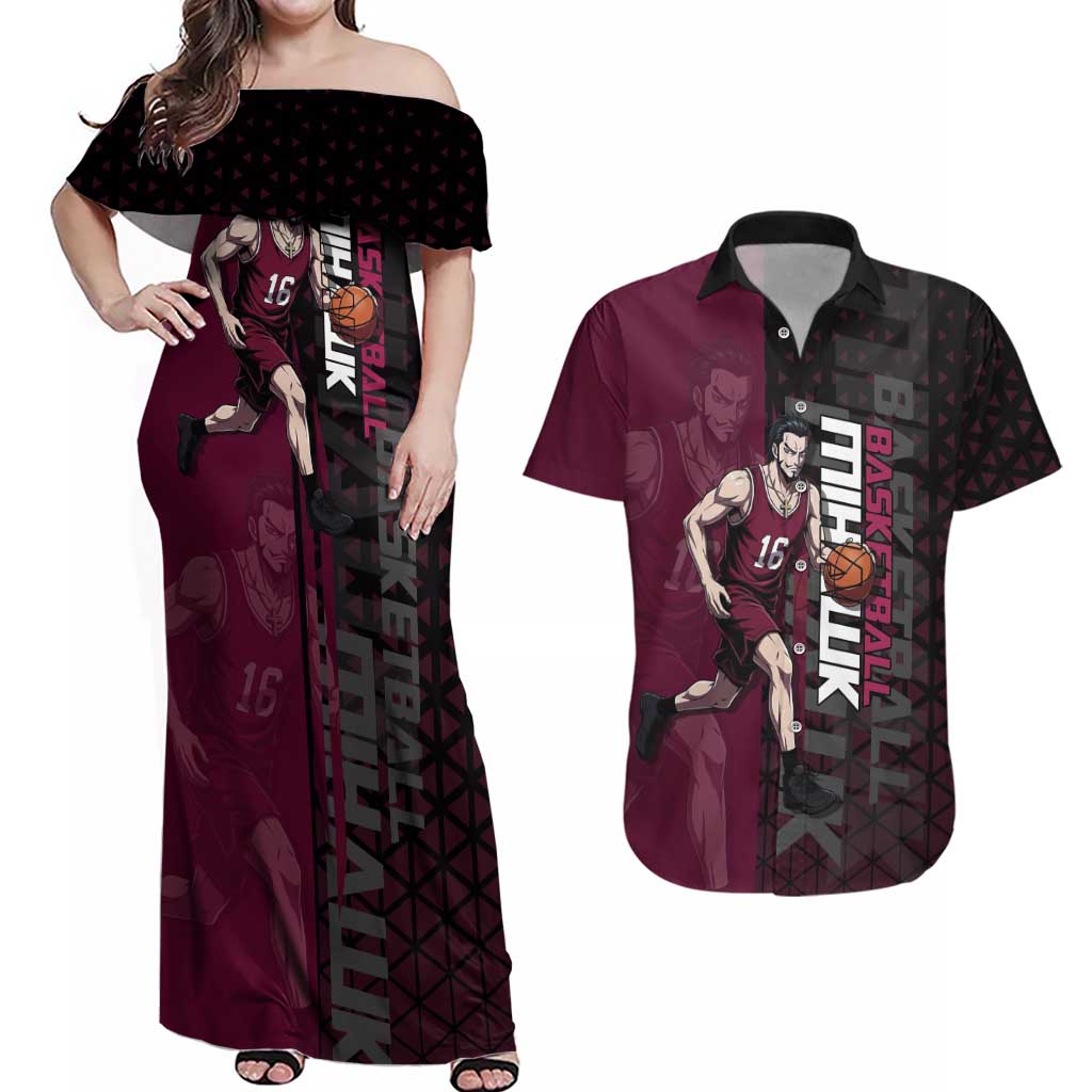 Mihawk One Piece Basketball Couples Matching Off Shoulder Maxi Dress and Hawaiian Shirt Aggressive Pose - The Mazicc