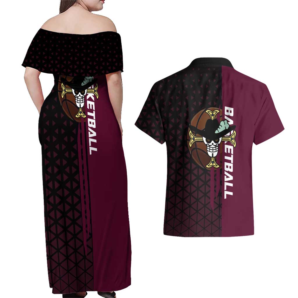 Mihawk One Piece Basketball Couples Matching Off Shoulder Maxi Dress and Hawaiian Shirt Aggressive Pose - The Mazicc
