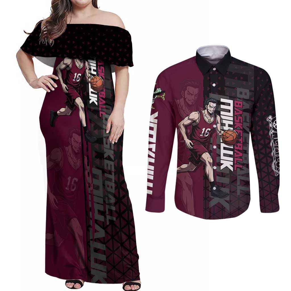 Mihawk One Piece Basketball Couples Matching Off Shoulder Maxi Dress and Long Sleeve Button Shirt Aggressive Pose - The Mazicc