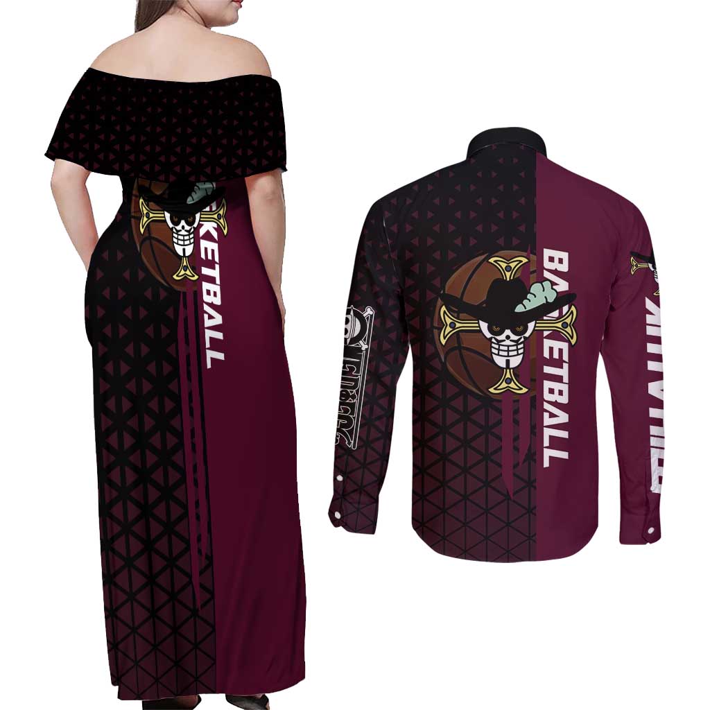 Mihawk One Piece Basketball Couples Matching Off Shoulder Maxi Dress and Long Sleeve Button Shirt Aggressive Pose - The Mazicc