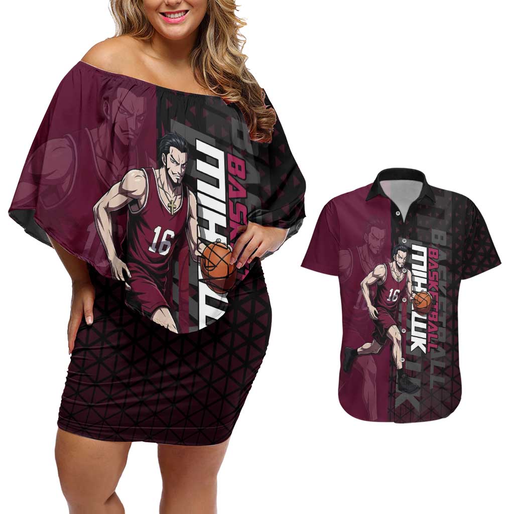 Mihawk One Piece Basketball Couples Matching Off Shoulder Short Dress and Hawaiian Shirt Aggressive Pose - The Mazicc