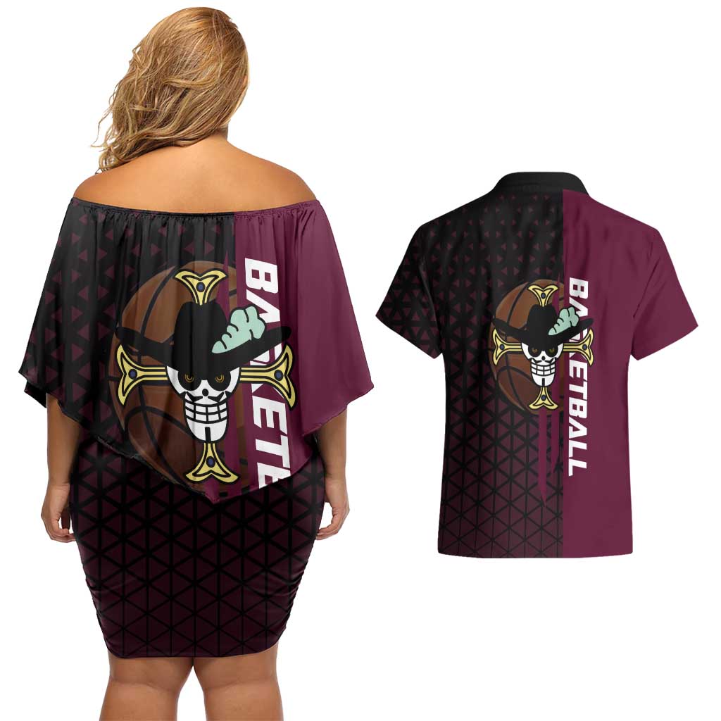 Mihawk One Piece Basketball Couples Matching Off Shoulder Short Dress and Hawaiian Shirt Aggressive Pose - The Mazicc