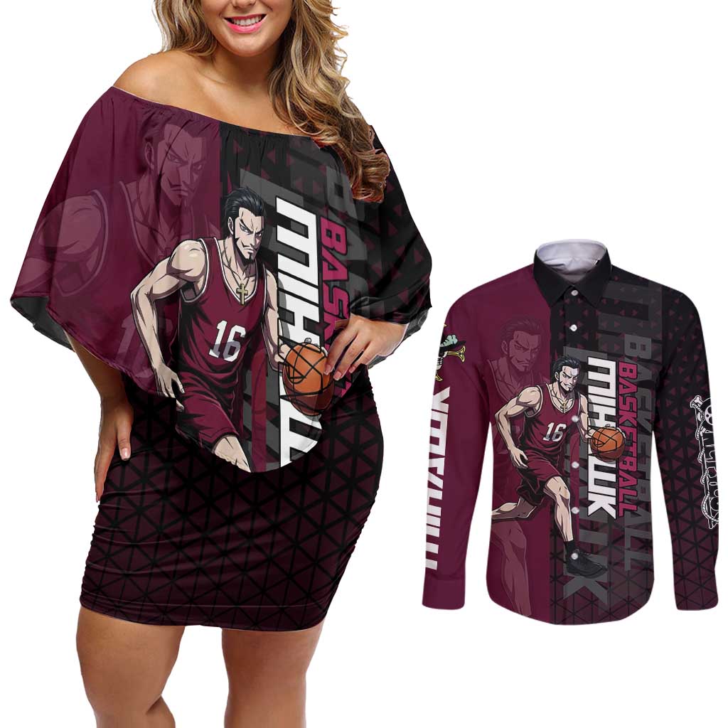 Mihawk One Piece Basketball Couples Matching Off Shoulder Short Dress and Long Sleeve Button Shirt Aggressive Pose - The Mazicc