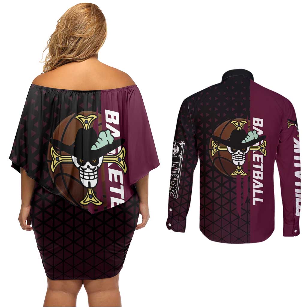 Mihawk One Piece Basketball Couples Matching Off Shoulder Short Dress and Long Sleeve Button Shirt Aggressive Pose - The Mazicc