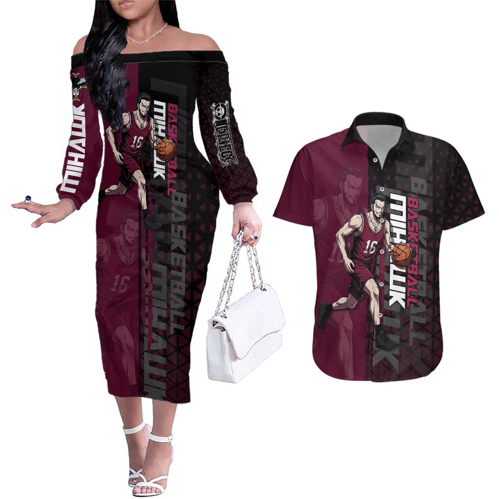 Mihawk One Piece Basketball Couples Matching Off The Shoulder Long Sleeve Dress and Hawaiian Shirt Aggressive Pose - The Mazicc