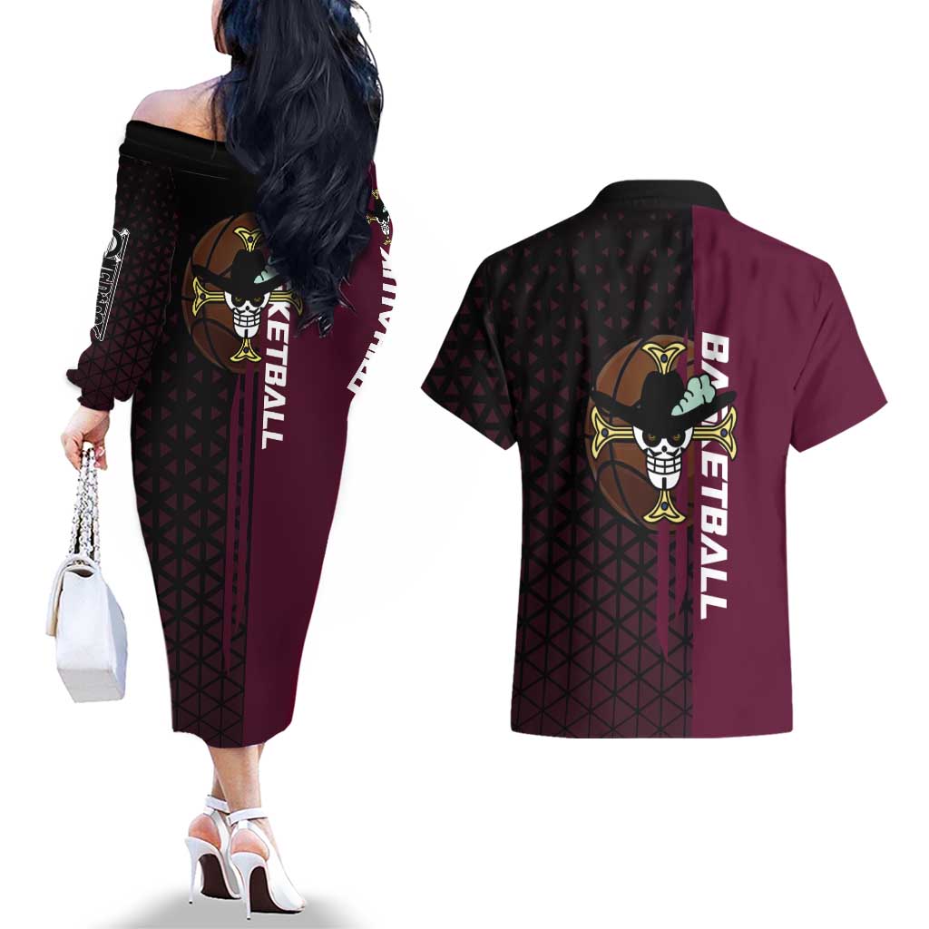 Mihawk One Piece Basketball Couples Matching Off The Shoulder Long Sleeve Dress and Hawaiian Shirt Aggressive Pose - The Mazicc