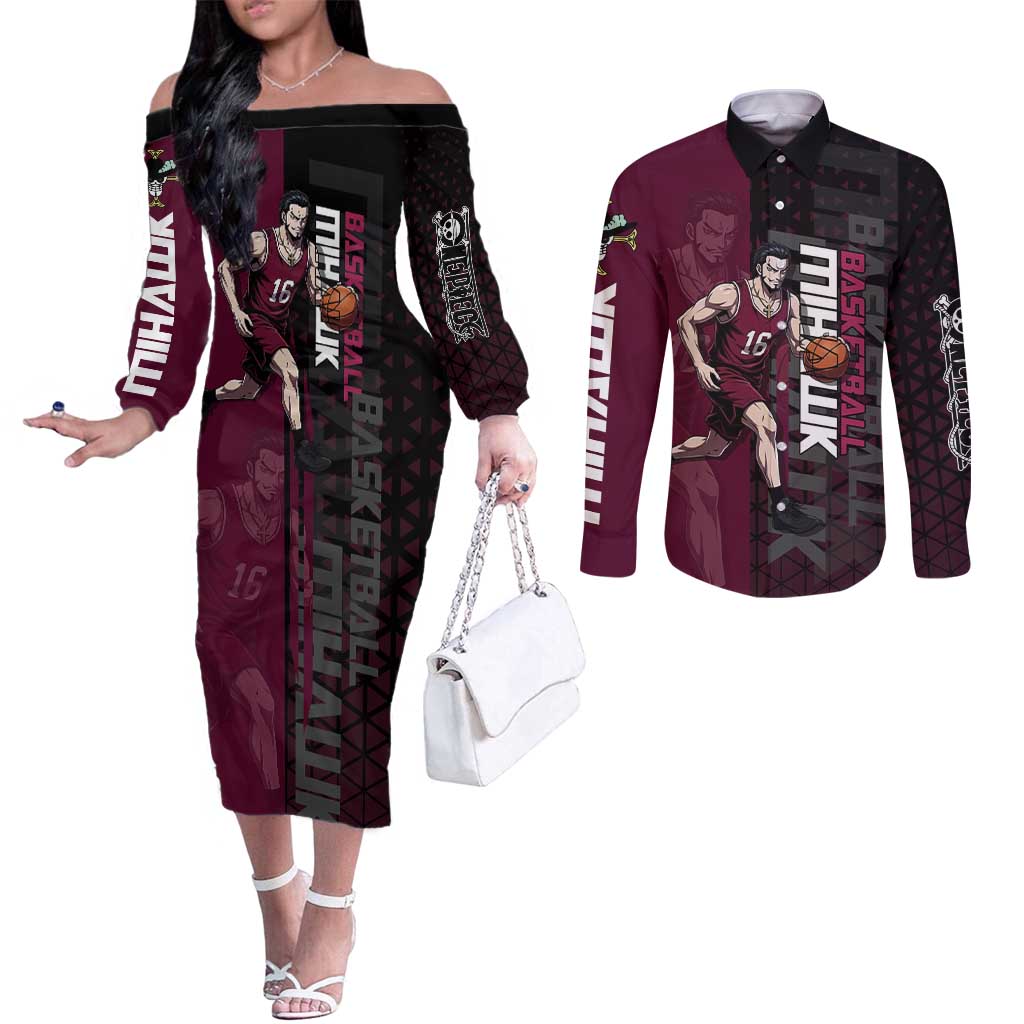 Mihawk One Piece Basketball Couples Matching Off The Shoulder Long Sleeve Dress and Long Sleeve Button Shirt Aggressive Pose - The Mazicc
