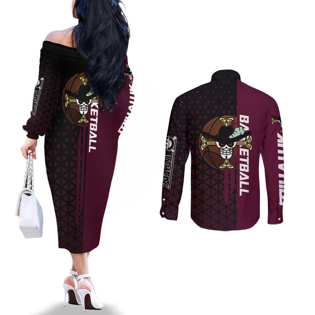 Mihawk One Piece Basketball Couples Matching Off The Shoulder Long Sleeve Dress and Long Sleeve Button Shirt Aggressive Pose - The Mazicc