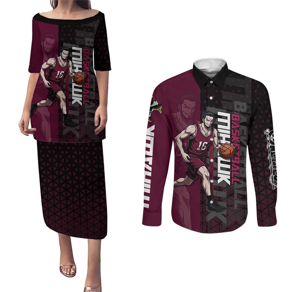 Mihawk One Piece Basketball Couples Matching Puletasi and Long Sleeve Button Shirt Aggressive Pose - The Mazicc
