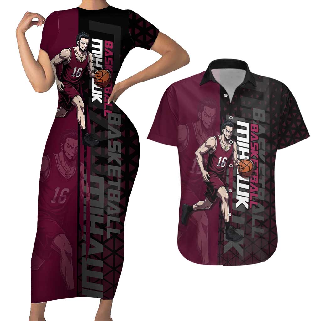 Mihawk One Piece Basketball Couples Matching Short Sleeve Bodycon Dress and Hawaiian Shirt Aggressive Pose - The Mazicc