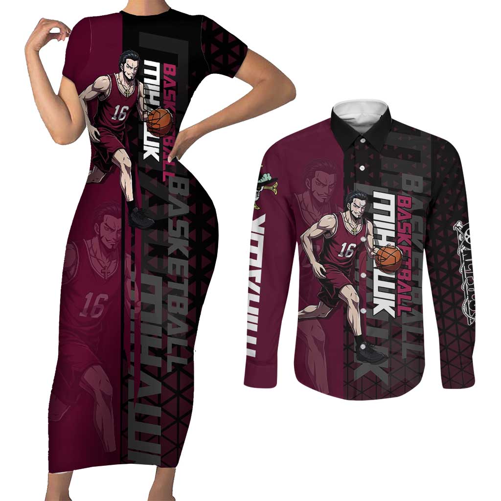 Mihawk One Piece Basketball Couples Matching Short Sleeve Bodycon Dress and Long Sleeve Button Shirt Aggressive Pose - The Mazicc