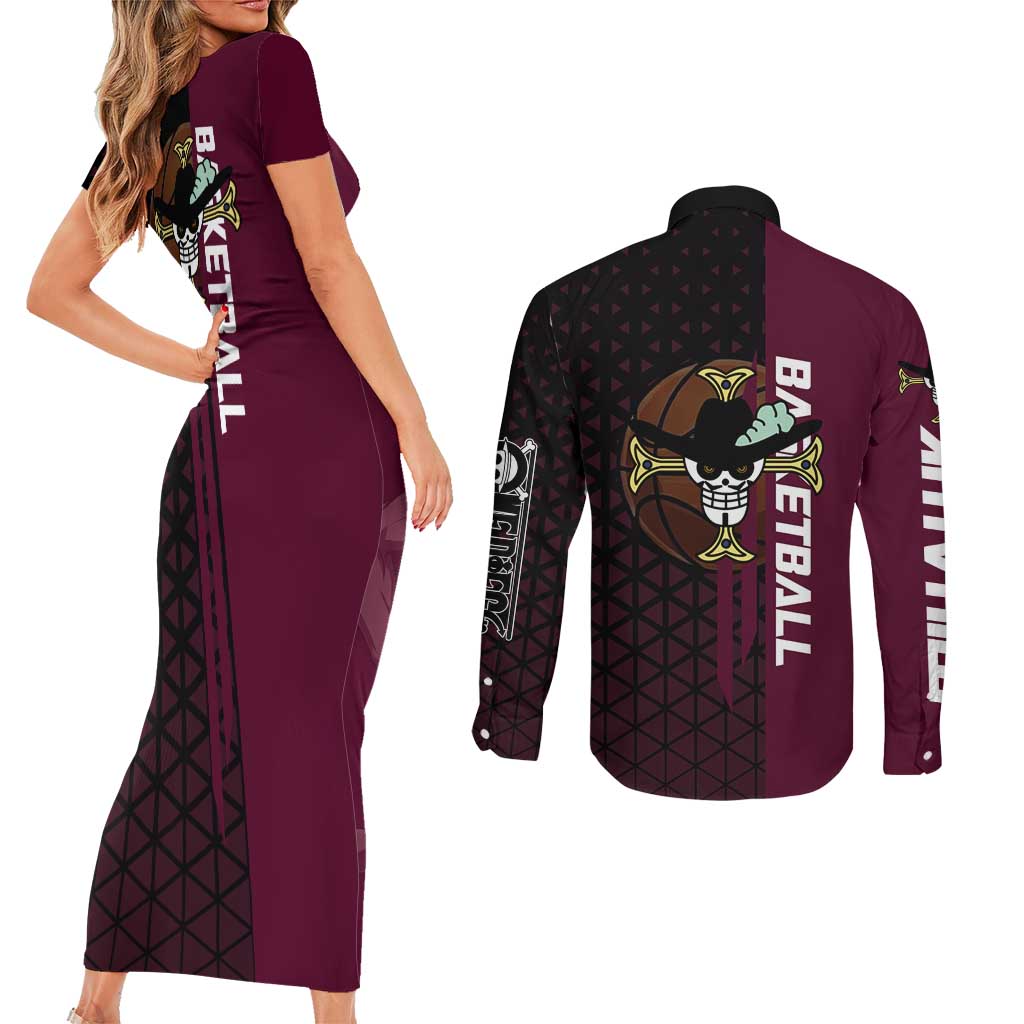 Mihawk One Piece Basketball Couples Matching Short Sleeve Bodycon Dress and Long Sleeve Button Shirt Aggressive Pose - The Mazicc