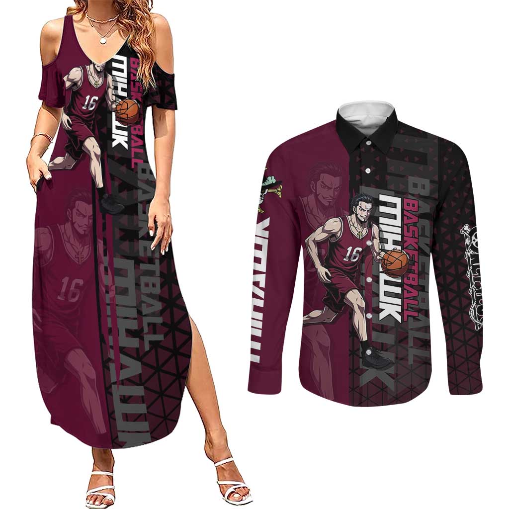 Mihawk One Piece Basketball Couples Matching Summer Maxi Dress and Long Sleeve Button Shirt Aggressive Pose - The Mazicc