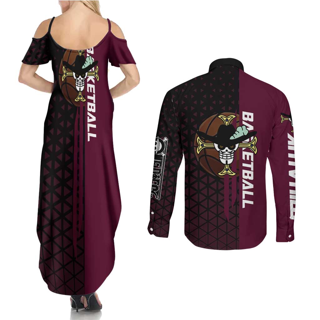 Mihawk One Piece Basketball Couples Matching Summer Maxi Dress and Long Sleeve Button Shirt Aggressive Pose - The Mazicc