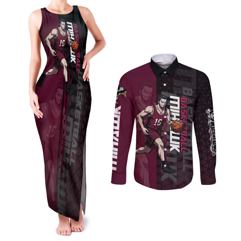 Mihawk One Piece Basketball Couples Matching Tank Maxi Dress and Long Sleeve Button Shirt Aggressive Pose - The Mazicc