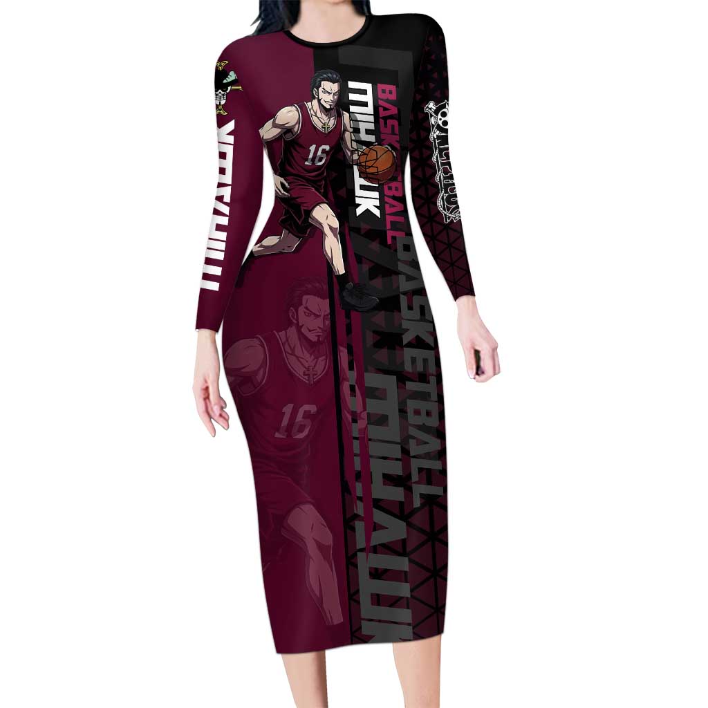 Mihawk One Piece Basketball Long Sleeve Bodycon Dress Aggressive Pose - The Mazicc