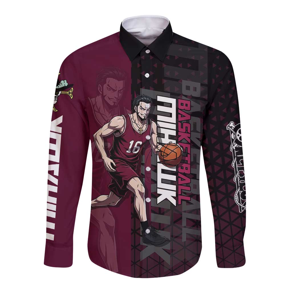 Mihawk One Piece Basketball Long Sleeve Button Shirt Aggressive Pose - The Mazicc
