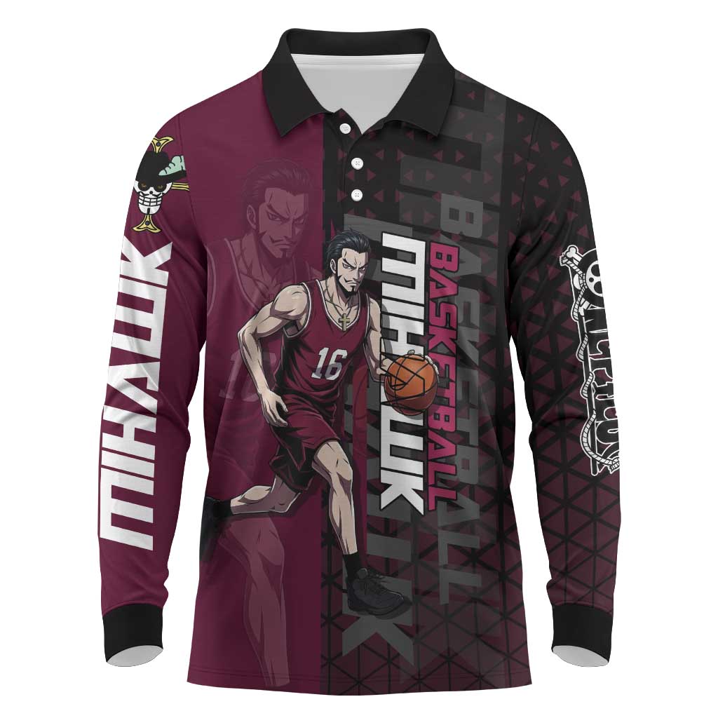 Mihawk One Piece Basketball Long Sleeve Polo Shirt Aggressive Pose - The Mazicc