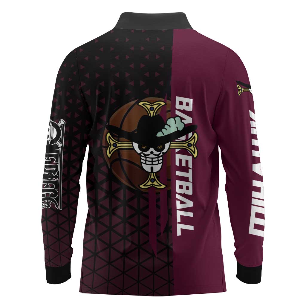 Mihawk One Piece Basketball Long Sleeve Polo Shirt Aggressive Pose - The Mazicc