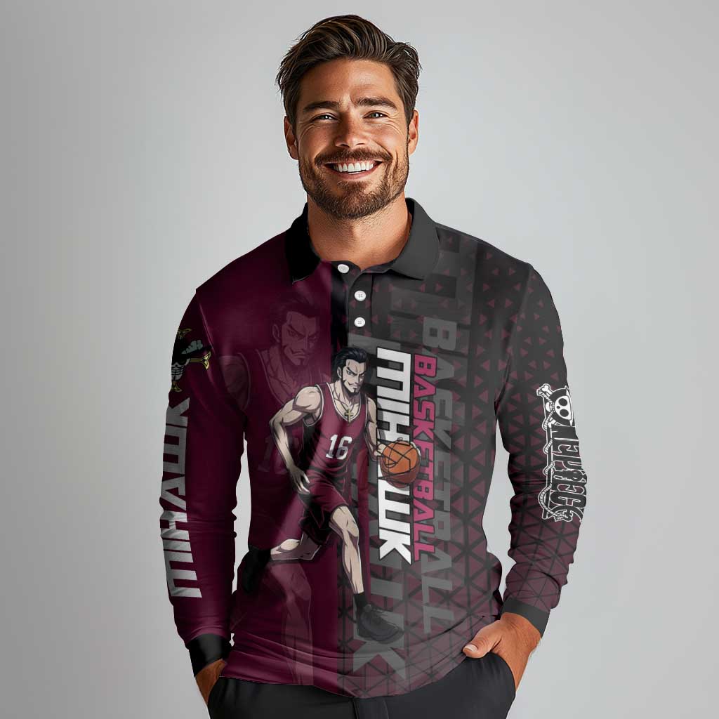 Mihawk One Piece Basketball Long Sleeve Polo Shirt Aggressive Pose - The Mazicc