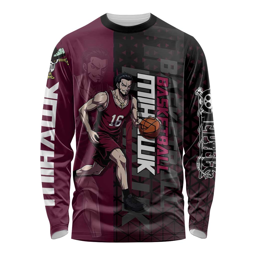 Mihawk One Piece Basketball Long Sleeve Shirt Aggressive Pose - The Mazicc