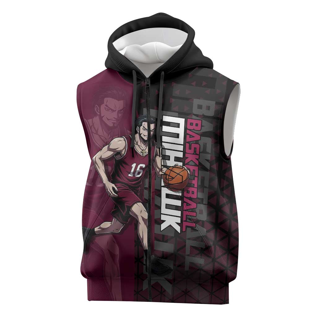 Mihawk One Piece Basketball Sleeveless Zip Hoodie Aggressive Pose - The Mazicc