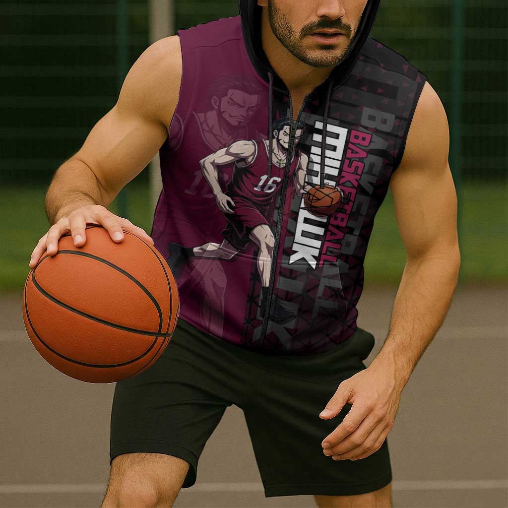 Mihawk One Piece Basketball Sleeveless Zip Hoodie Aggressive Pose - The Mazicc