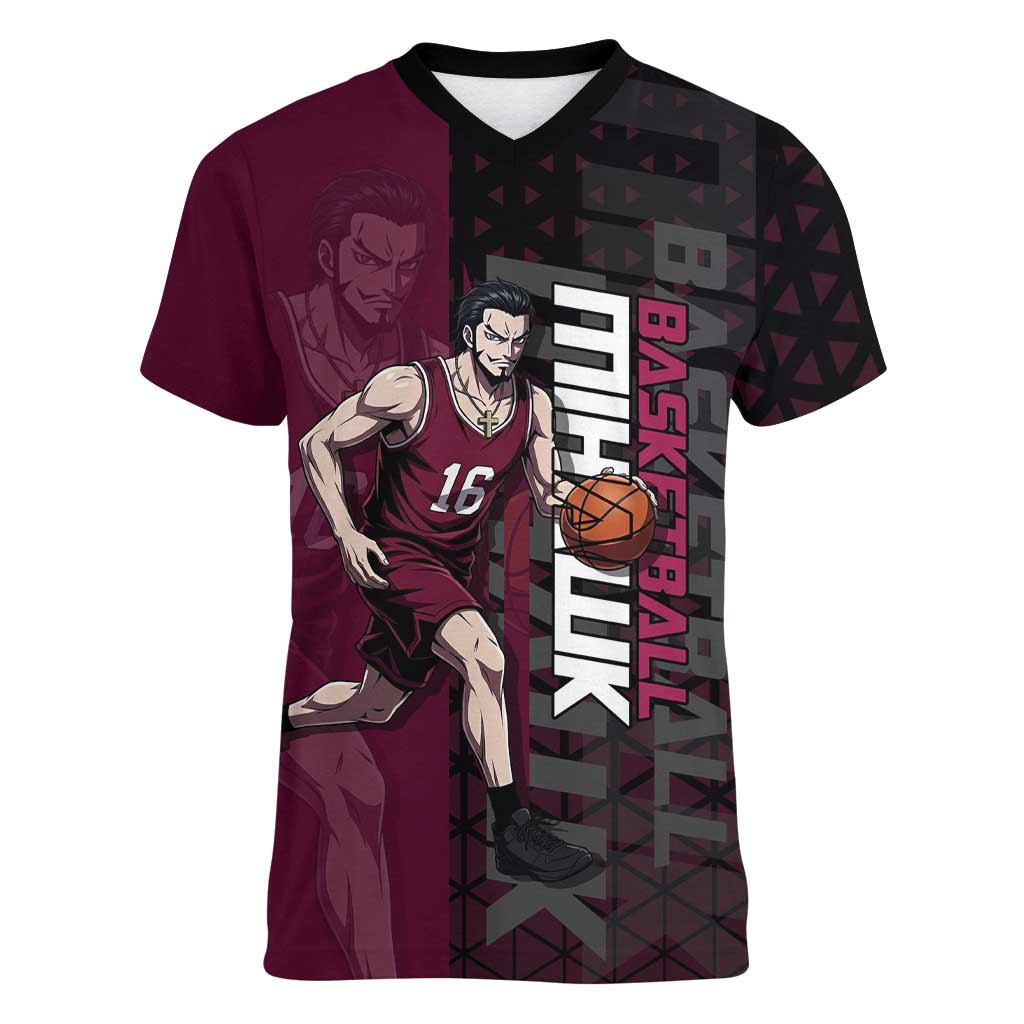 Mihawk One Piece Basketball Women V-Neck T-Shirt Aggressive Pose - The Mazicc
