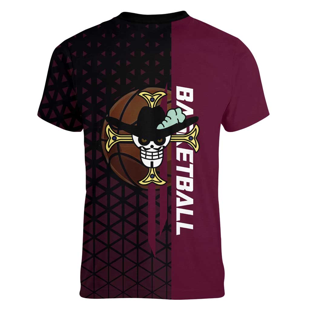 Mihawk One Piece Basketball Women V-Neck T-Shirt Aggressive Pose - The Mazicc