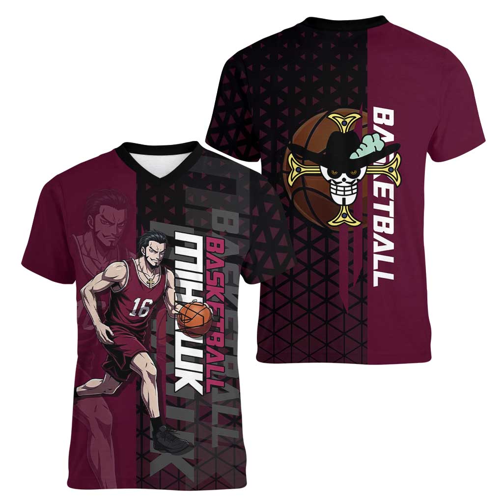 Mihawk One Piece Basketball Women V-Neck T-Shirt Aggressive Pose - The Mazicc