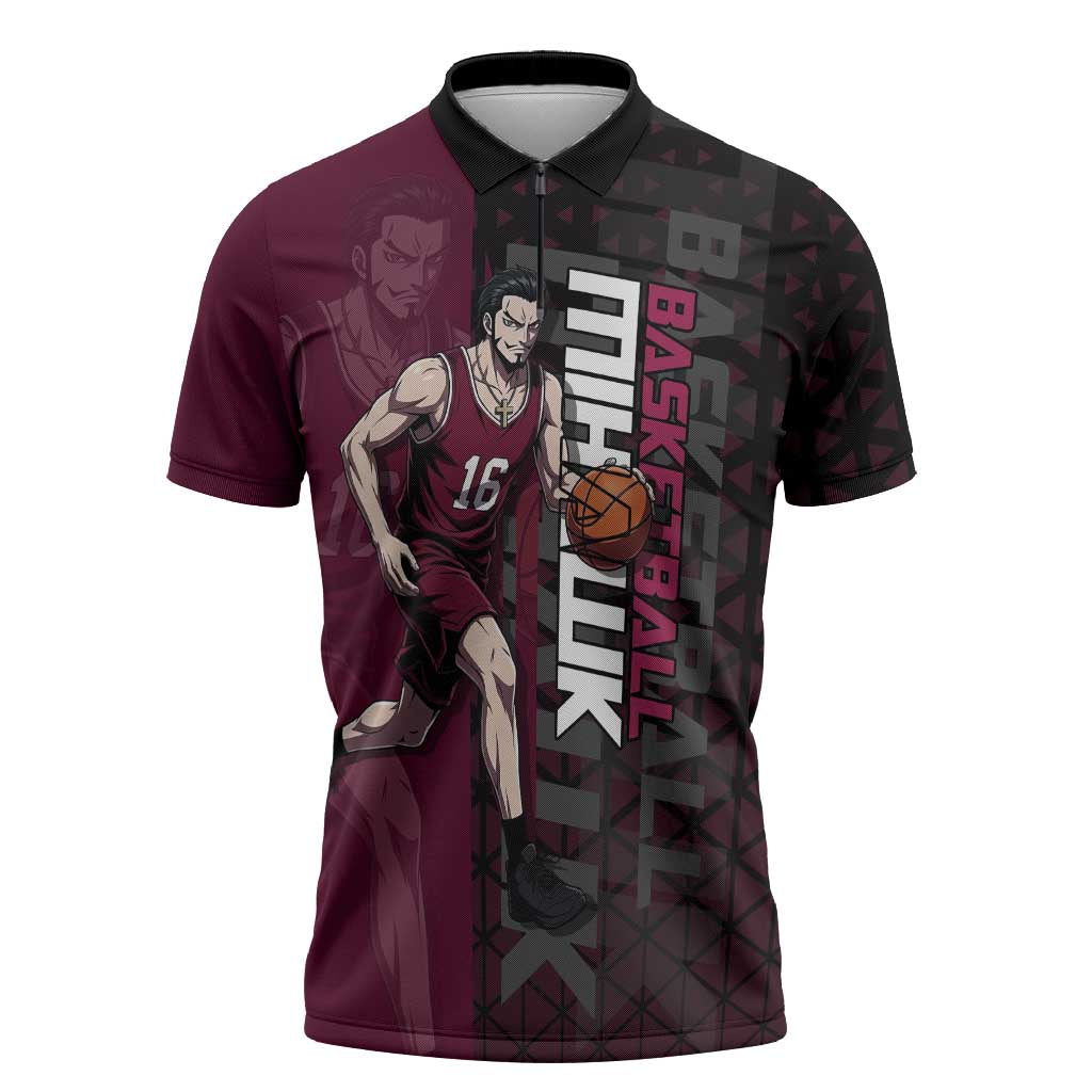 Mihawk One Piece Basketball Zipper Polo Shirt Aggressive Pose - The Mazicc
