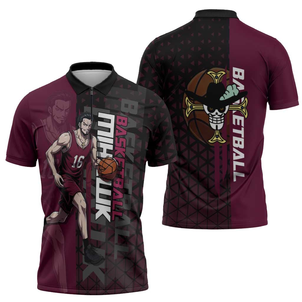 Mihawk One Piece Basketball Zipper Polo Shirt Aggressive Pose - The Mazicc