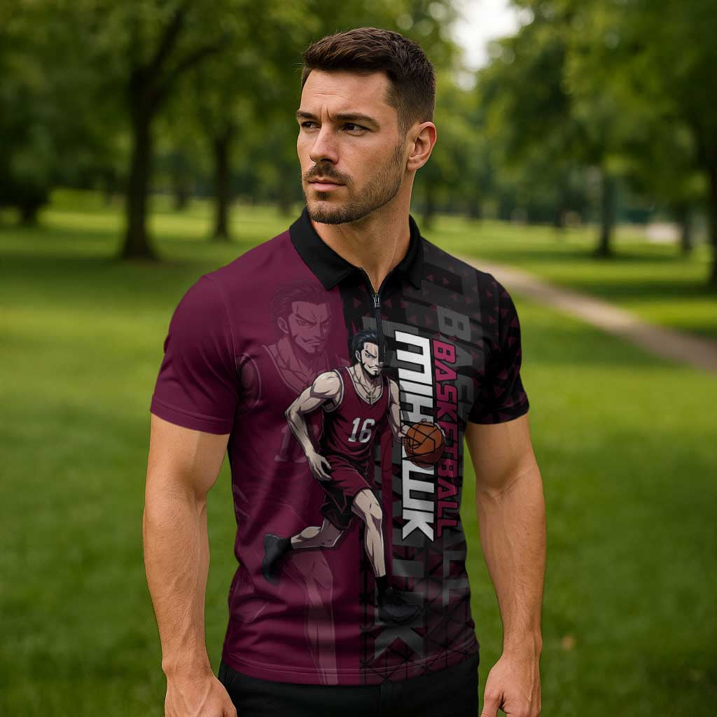 Mihawk One Piece Basketball Zipper Polo Shirt Aggressive Pose - The Mazicc