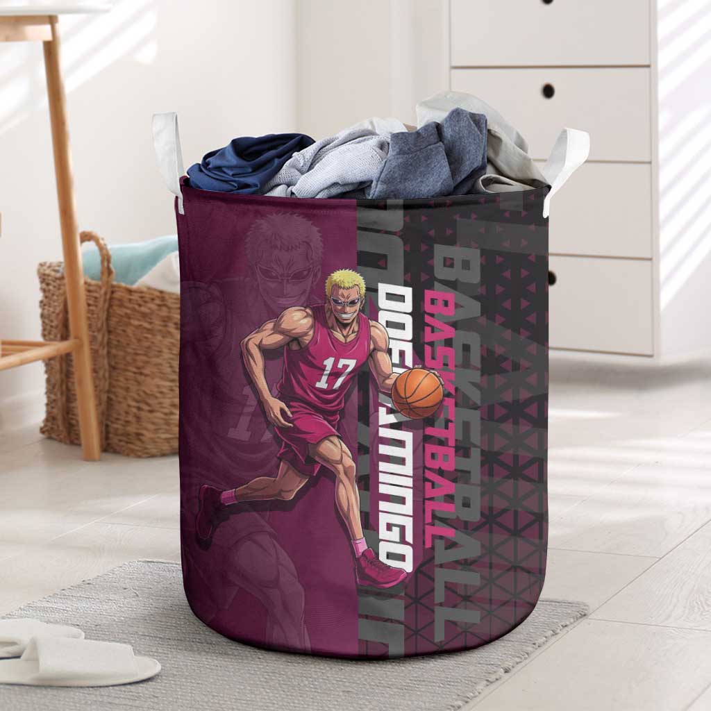 Donquixote Doflamingo One Piece Basketball Theme Maroon and Black Design Laundry Basket with Smiling Emblem and Aggressive Pose - The Mazicc