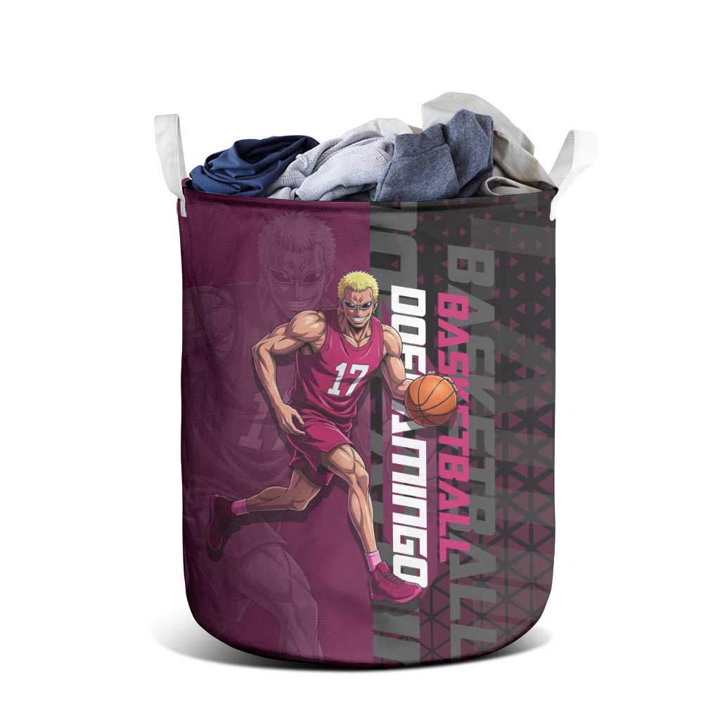 Donquixote Doflamingo One Piece Basketball Theme Maroon and Black Design Laundry Basket with Smiling Emblem and Aggressive Pose - The Mazicc