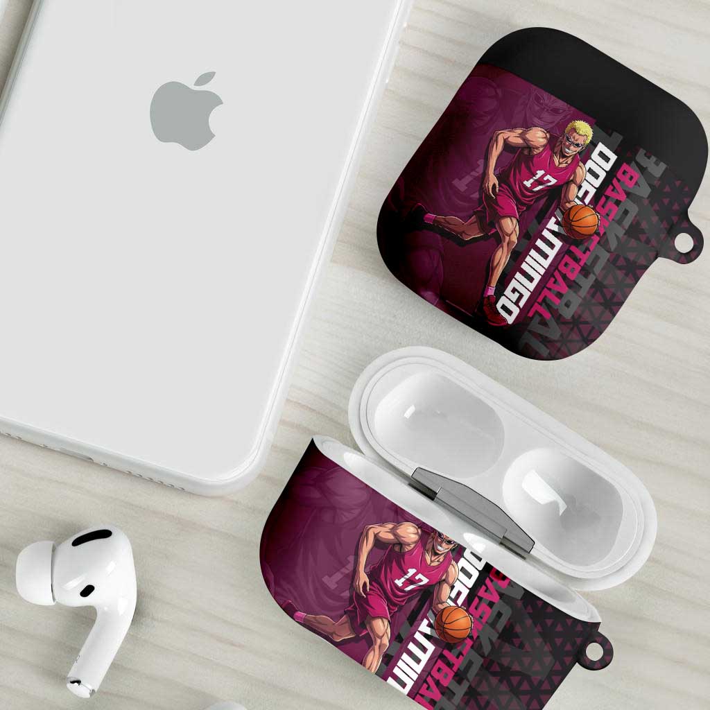 Donquixote Doflamingo One Piece Basketball Theme Maroon and Black Design AirPods Case with Smiling Emblem and Aggressive Pose - The Mazicc