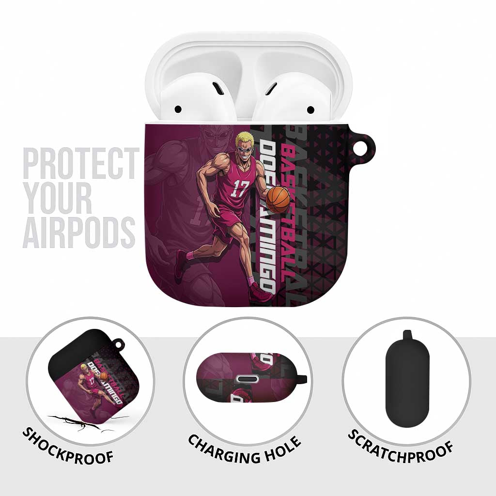 Donquixote Doflamingo One Piece Basketball Theme Maroon and Black Design AirPods Case with Smiling Emblem and Aggressive Pose - The Mazicc