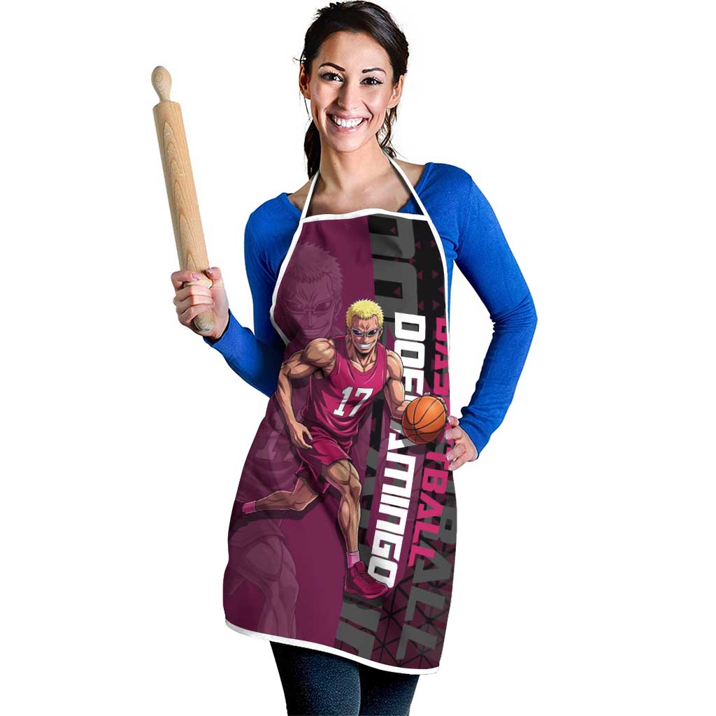 Donquixote Doflamingo One Piece Basketball Theme Maroon and Black Design Apron with Smiling Emblem and Aggressive Pose - The Mazicc