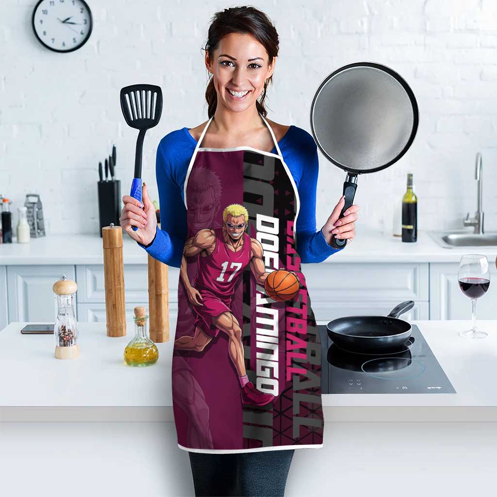 Donquixote Doflamingo One Piece Basketball Theme Maroon and Black Design Apron with Smiling Emblem and Aggressive Pose - The Mazicc