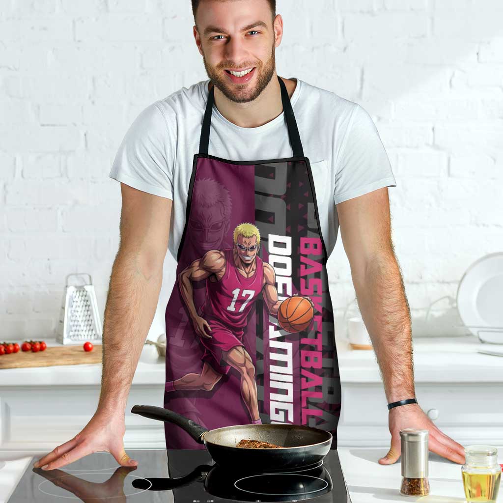 Donquixote Doflamingo One Piece Basketball Theme Maroon and Black Design Apron with Smiling Emblem and Aggressive Pose - The Mazicc