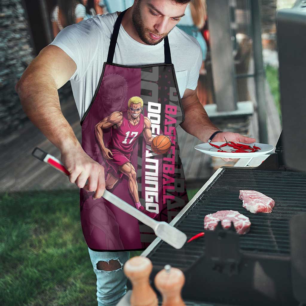 Donquixote Doflamingo One Piece Basketball Theme Maroon and Black Design Apron with Smiling Emblem and Aggressive Pose - The Mazicc