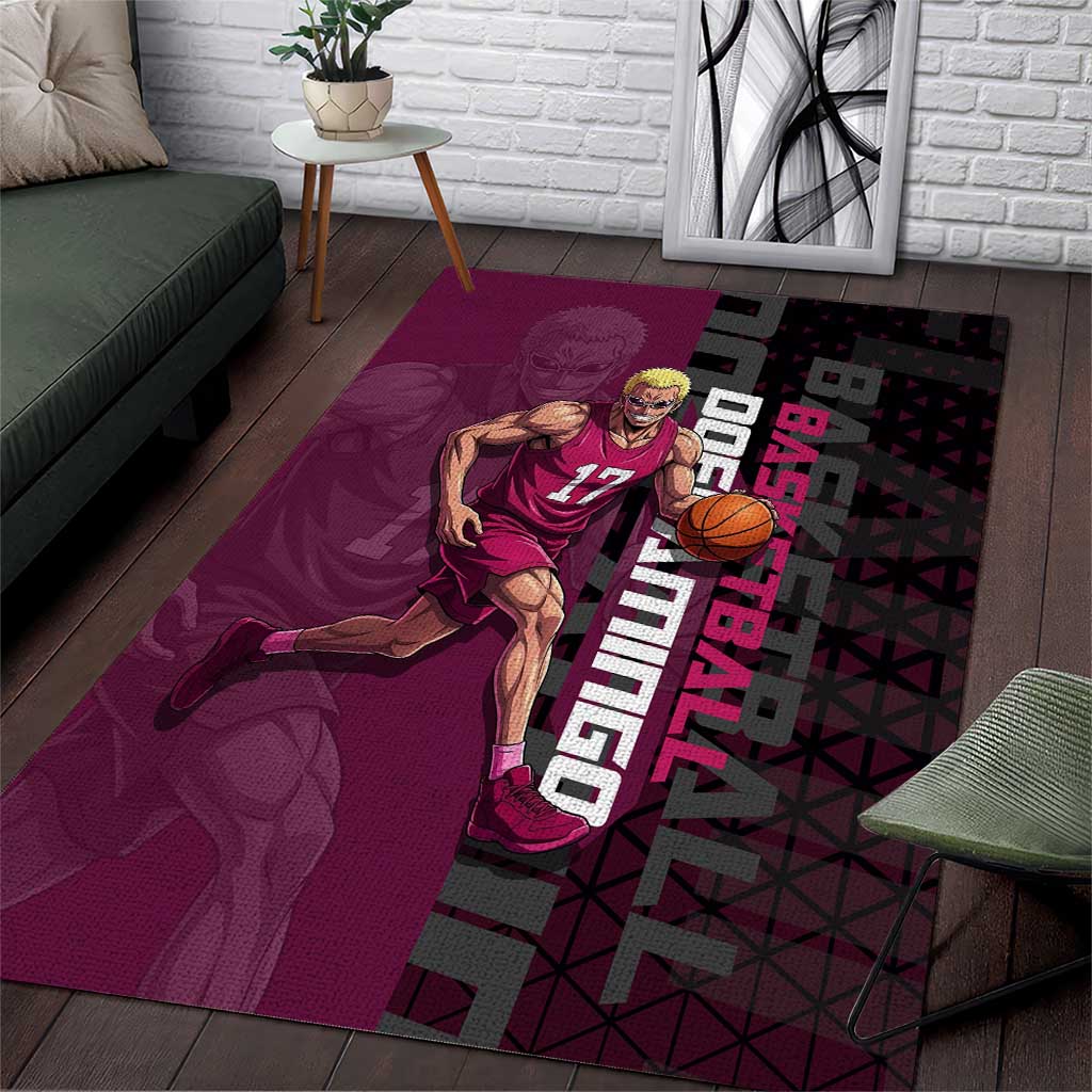 Donquixote Doflamingo One Piece Basketball Theme Maroon and Black Design Area Rug with Smiling Emblem and Aggressive Pose - The Mazicc