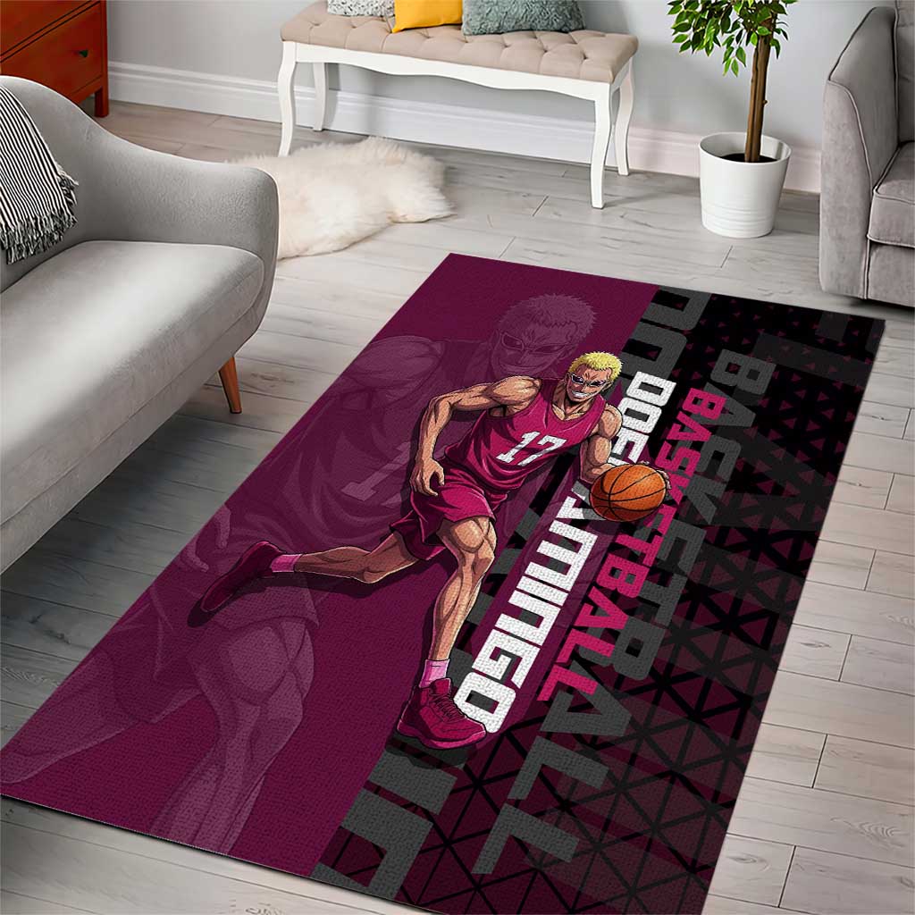 Donquixote Doflamingo One Piece Basketball Theme Maroon and Black Design Area Rug with Smiling Emblem and Aggressive Pose - The Mazicc