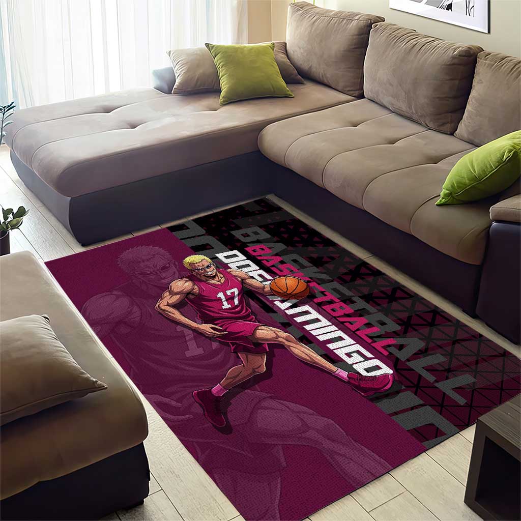 Donquixote Doflamingo One Piece Basketball Theme Maroon and Black Design Area Rug with Smiling Emblem and Aggressive Pose - The Mazicc
