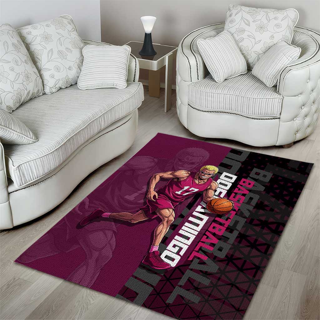 Donquixote Doflamingo One Piece Basketball Theme Maroon and Black Design Area Rug with Smiling Emblem and Aggressive Pose - The Mazicc