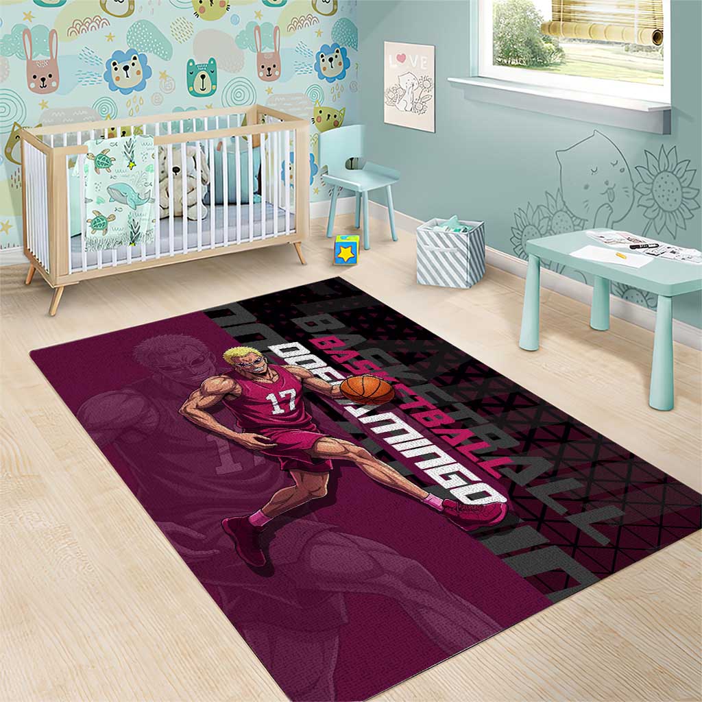Donquixote Doflamingo One Piece Basketball Theme Maroon and Black Design Area Rug with Smiling Emblem and Aggressive Pose - The Mazicc