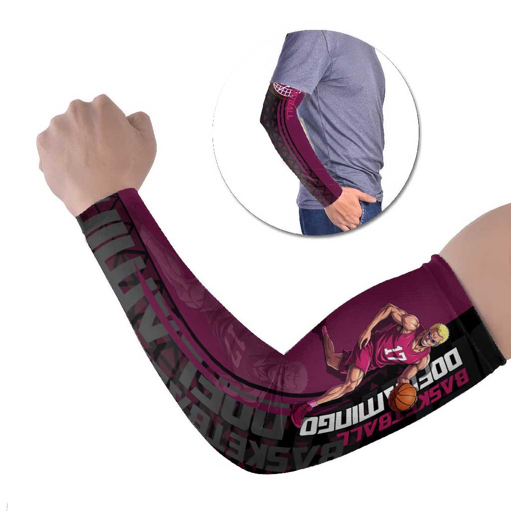 Donquixote Doflamingo One Piece Basketball Theme Maroon and Black Design Arm Sleeves with Smiling Emblem and Aggressive Pose - The Mazicc