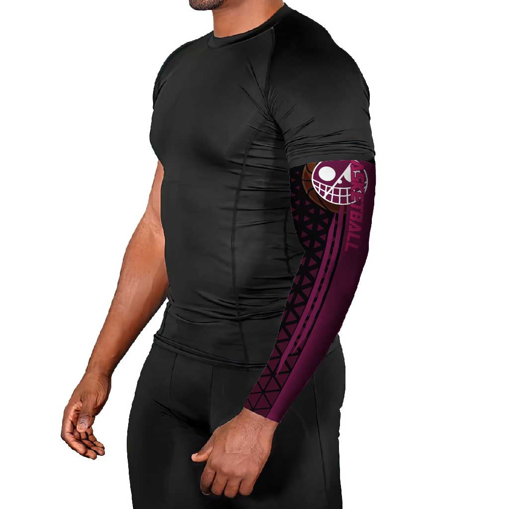Donquixote Doflamingo One Piece Basketball Theme Maroon and Black Design Arm Sleeves with Smiling Emblem and Aggressive Pose - The Mazicc