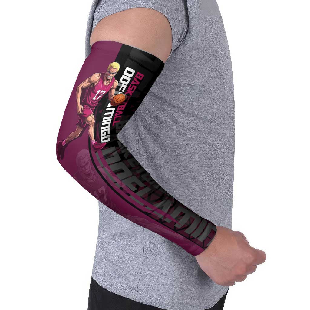 Donquixote Doflamingo One Piece Basketball Theme Maroon and Black Design Arm Sleeves with Smiling Emblem and Aggressive Pose - The Mazicc