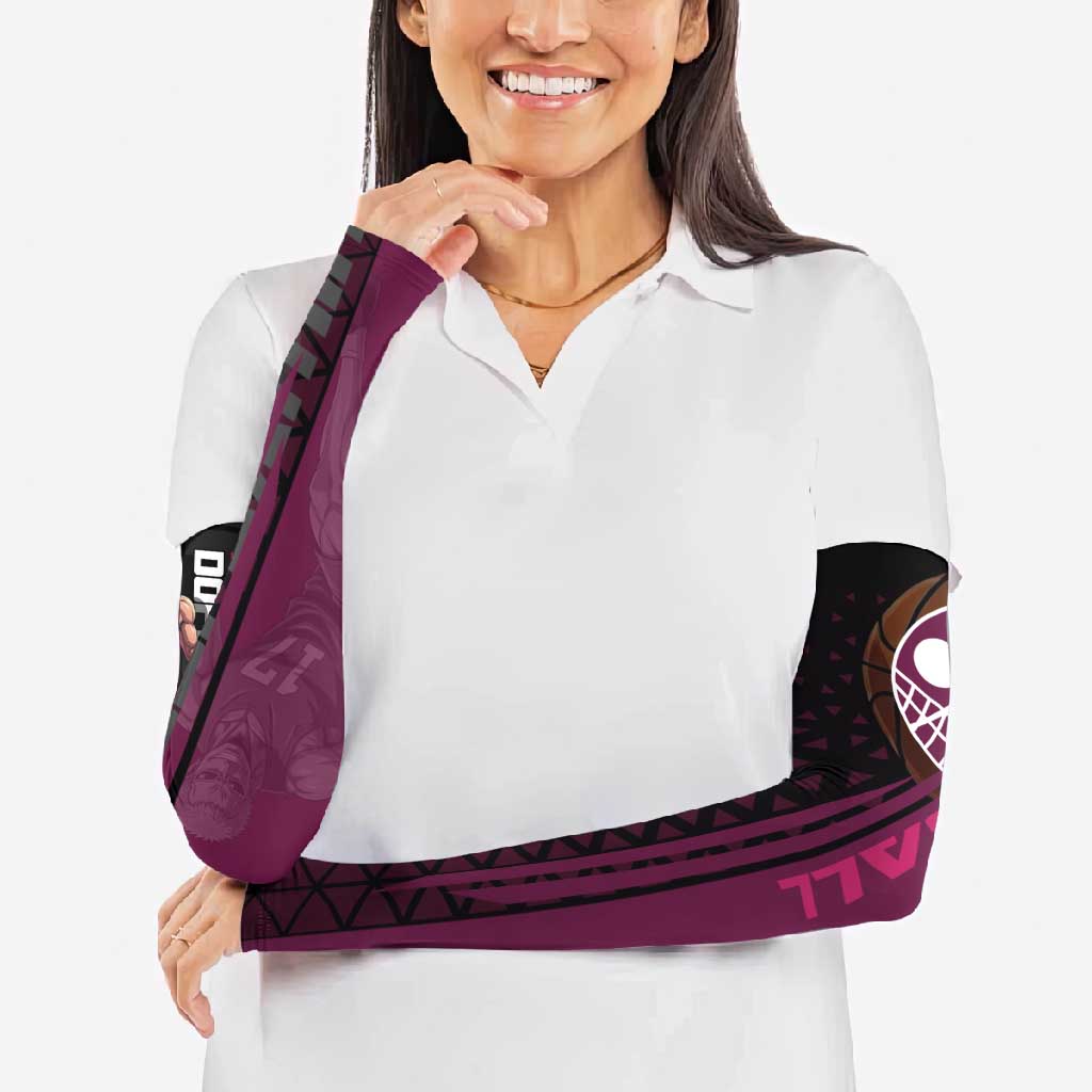 Donquixote Doflamingo One Piece Basketball Theme Maroon and Black Design Arm Sleeves with Smiling Emblem and Aggressive Pose - The Mazicc